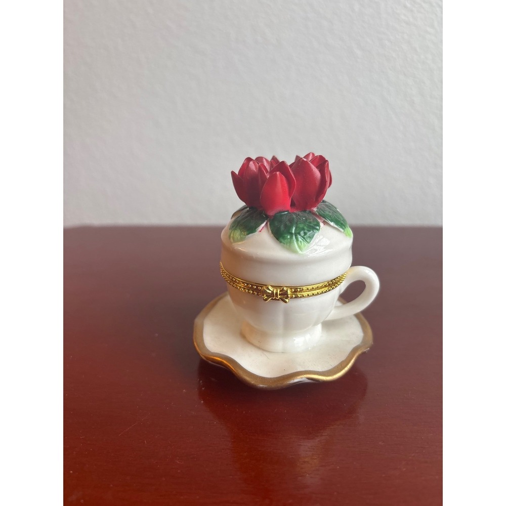 Porcelain Teacup Trinket Box Red Roses Ladybug Hinged Miniature Gold Trim